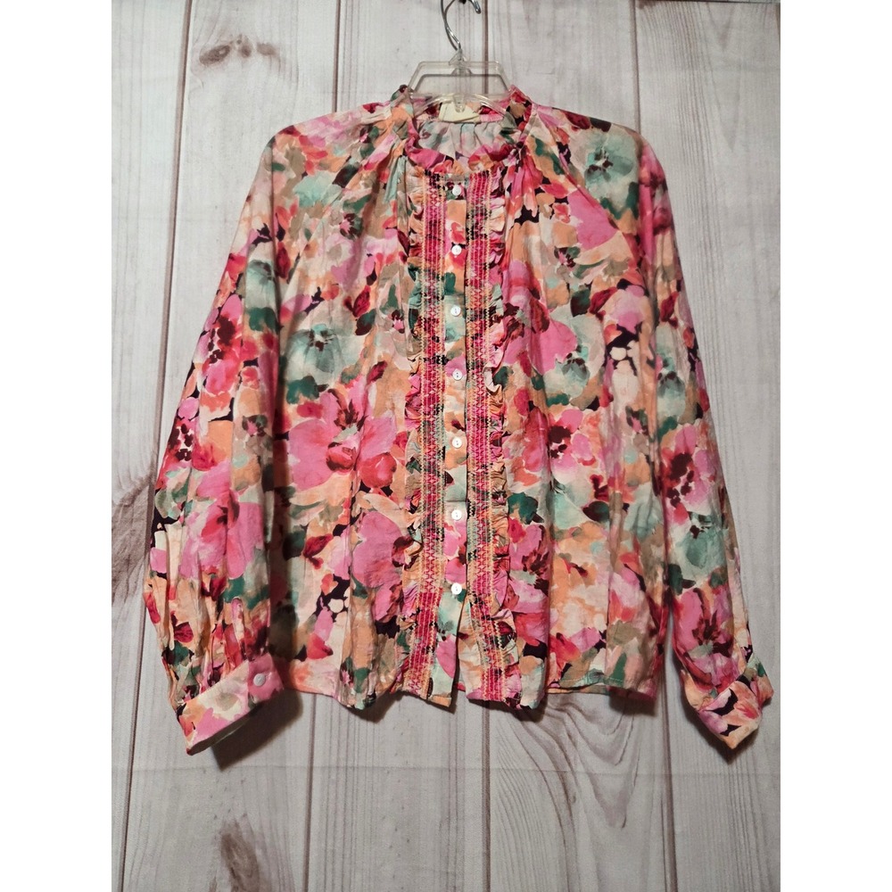 Easy Clothes Paris Floral Watercolor Smocked Ruffle Button Up Blouse Pink S/M